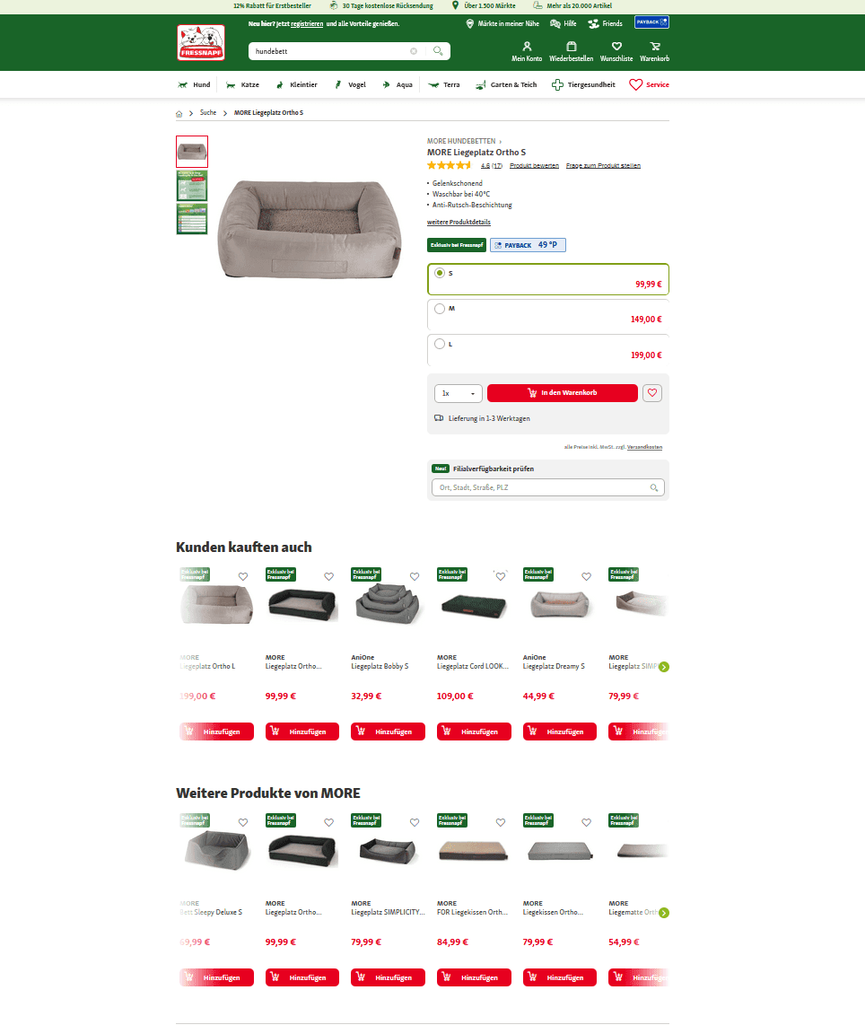 Auf seiner Produktseite setzt „Fressnapf“ auf interne Verlinkungen in Form von „Recommendations“.