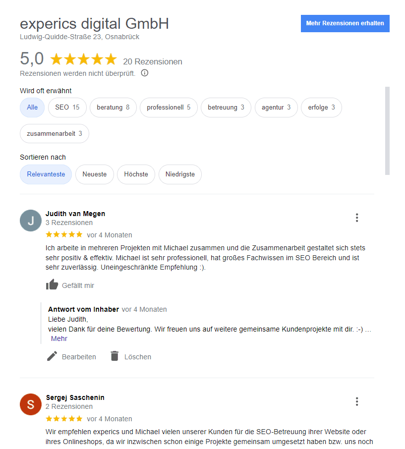 Bewertungen im Google Unternehmensprofil