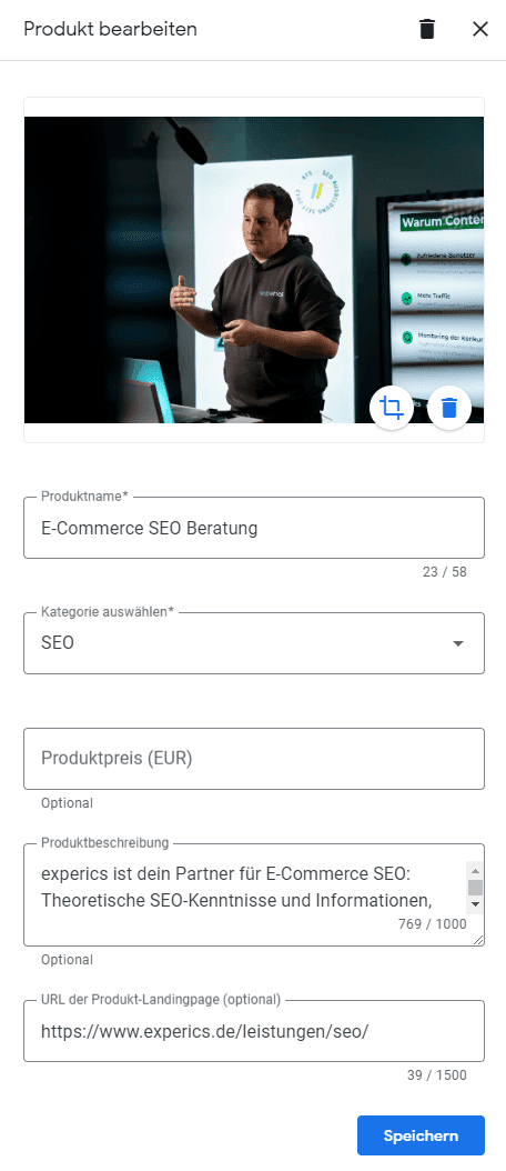 Beispiel für einen Produkteintrag im Google Unternehmensprofil