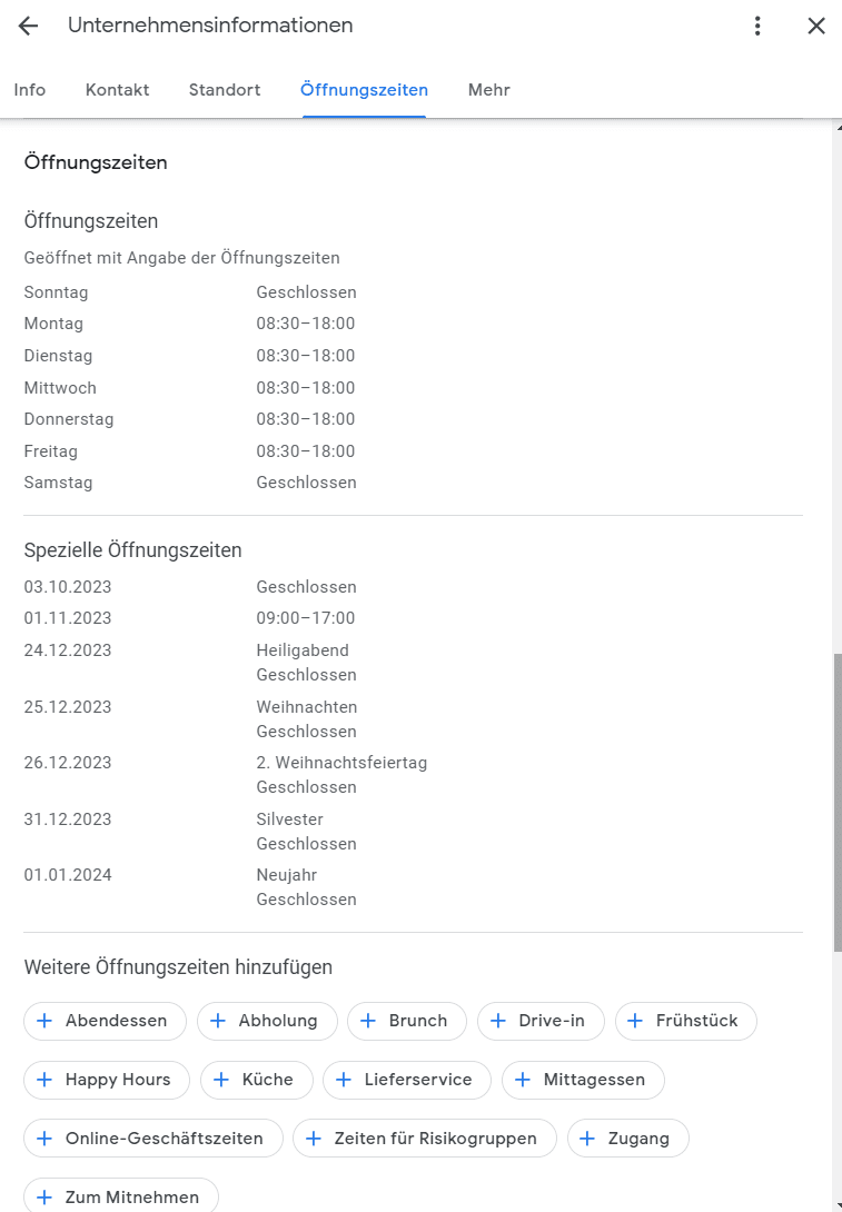Angabe von Öffnungszeiten im Google Unternehmensprofil