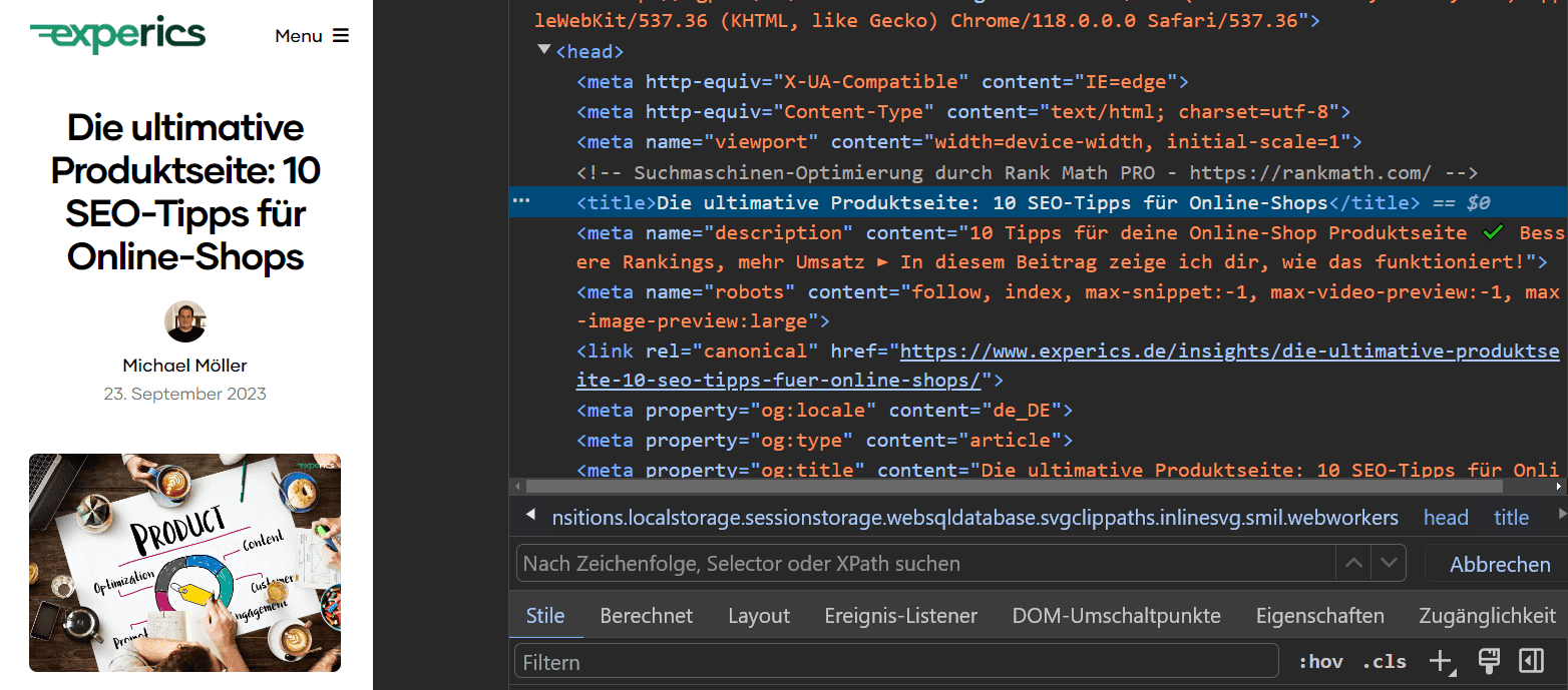 So sieht das HTML-Mark-up im HTML-Quelltext zu unserem Blogbeitrag „Die ultimative Produktseite: 10 SEO-Tipps für Online-Shops“ aus.