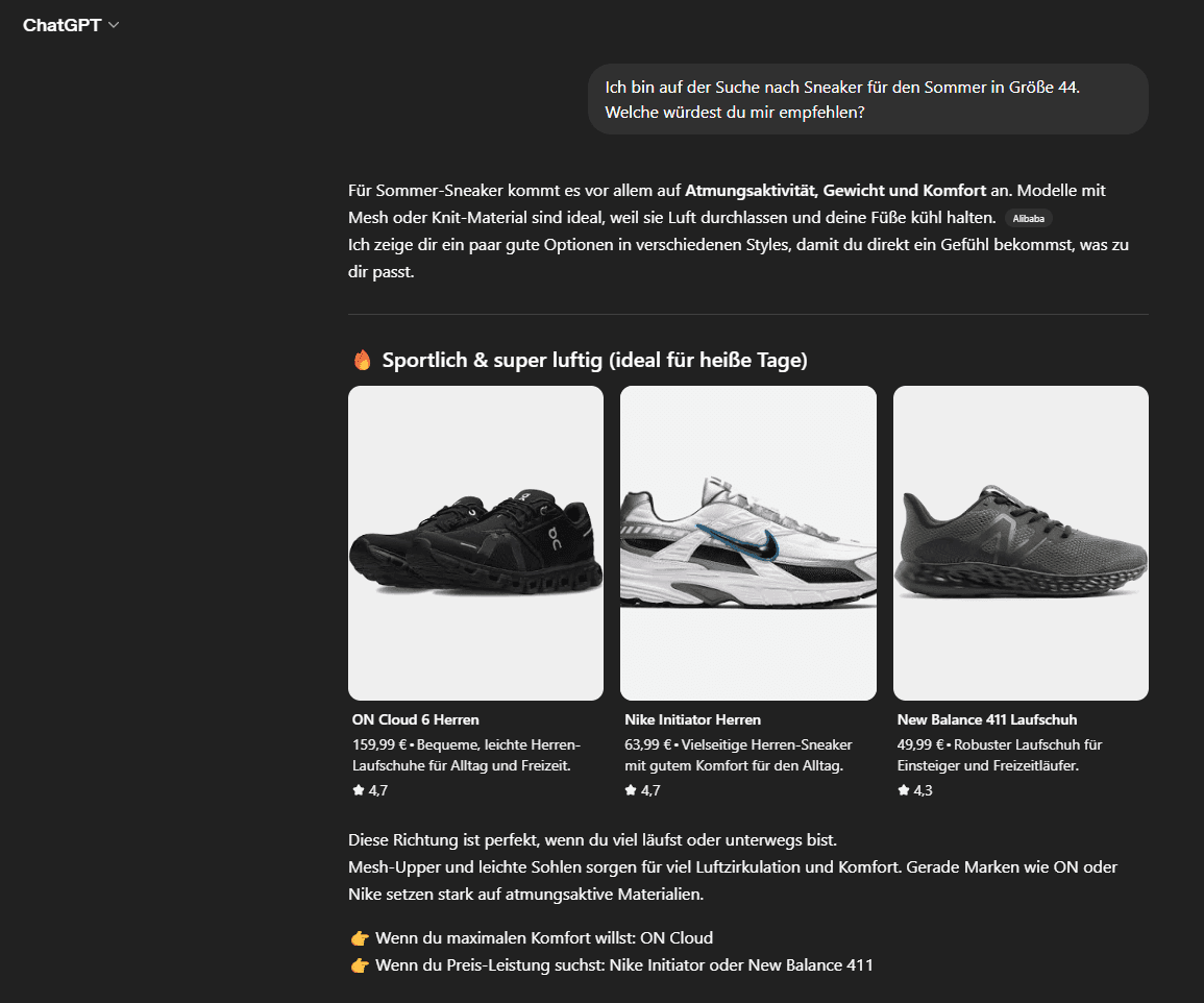 ChatGPT-Beispiel: Produktempfehlungen für Sneaker — die neue Art der Online-Suche.