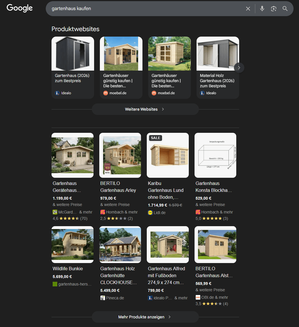 Google Product Grids für die Suche nach Gartenhaus kaufen — neue Darstellung in den Suchergebnissen.