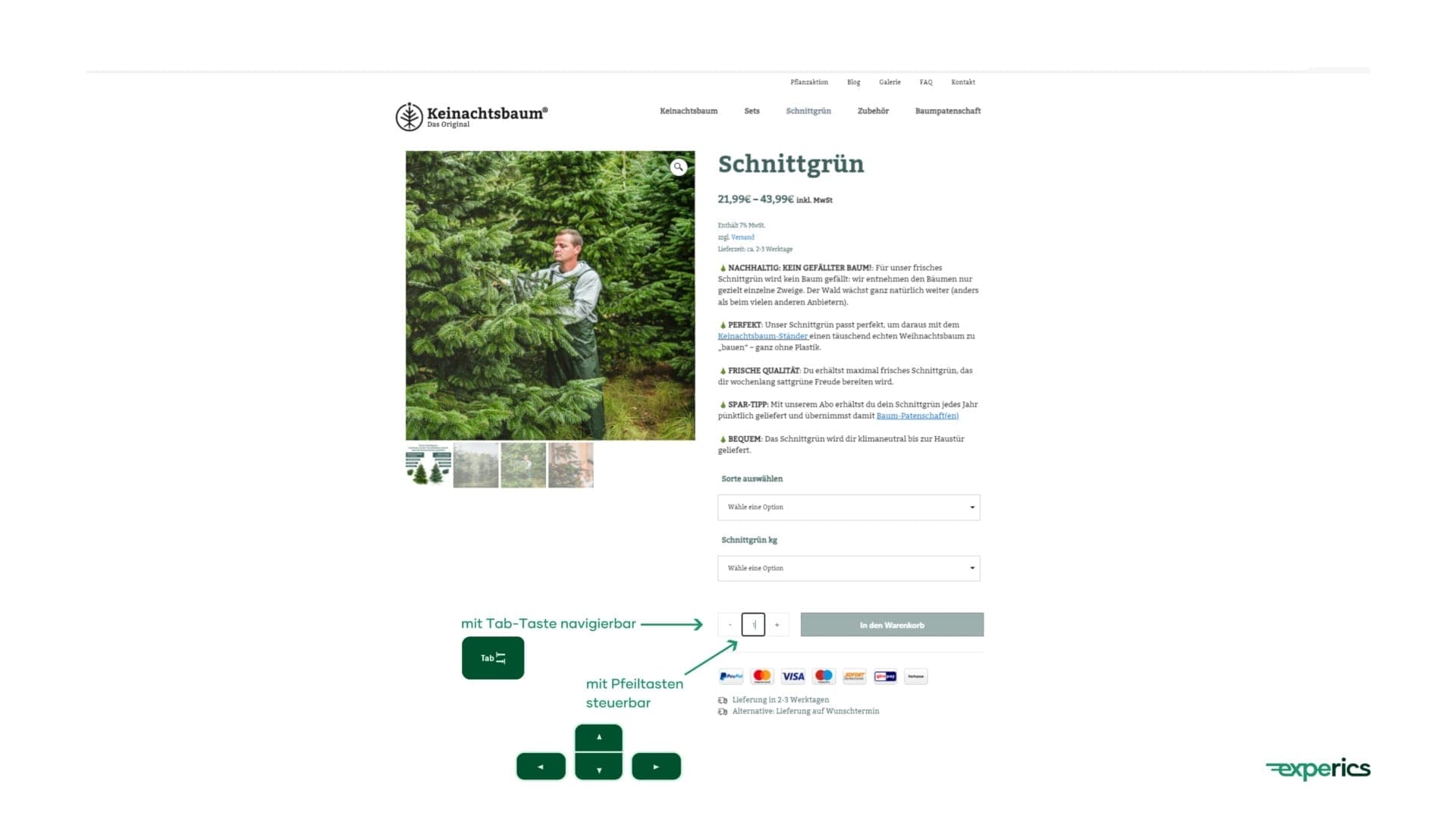 Im Online-Shop von „Keinachtsbaum“ können Nutzer alle Funktionen per Tastaturbedienung steuern.