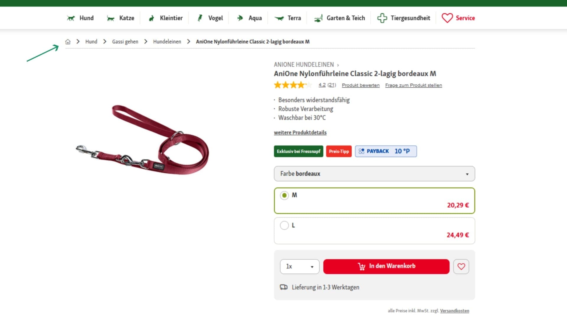 Der Online-Shop von „Fressnapf“ punktet mit einer logischen attributbasierten Breadcrumb-Navigation.