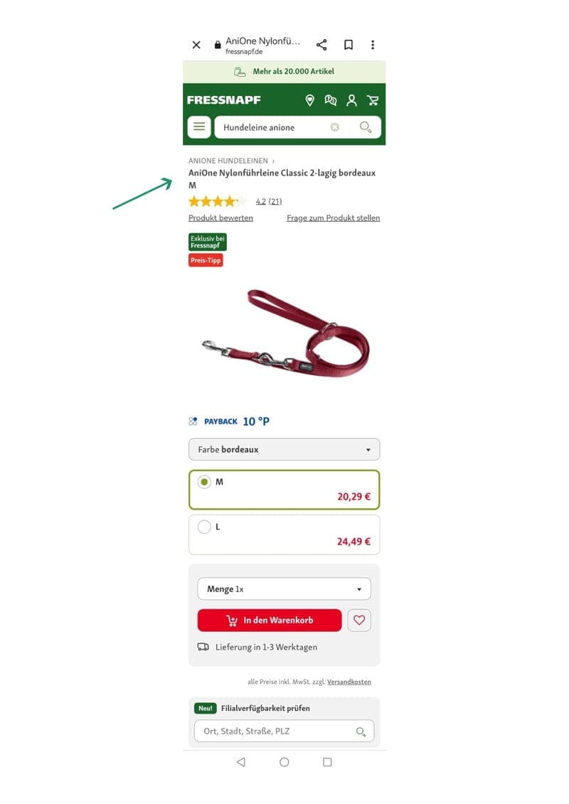 Im Online-Shop von „Fressnapf“ ist die Breadcrumb-Navigation immer zweizeilig, wie dieses Beispiel deutlich macht.