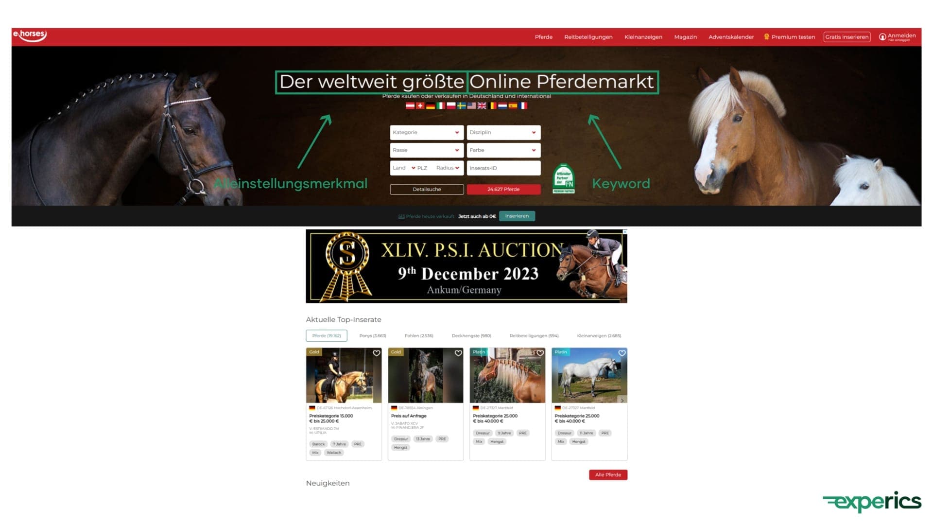 Auf der Startseite punktet „ehorses“ mit einer perfekten H1-Überschrift.