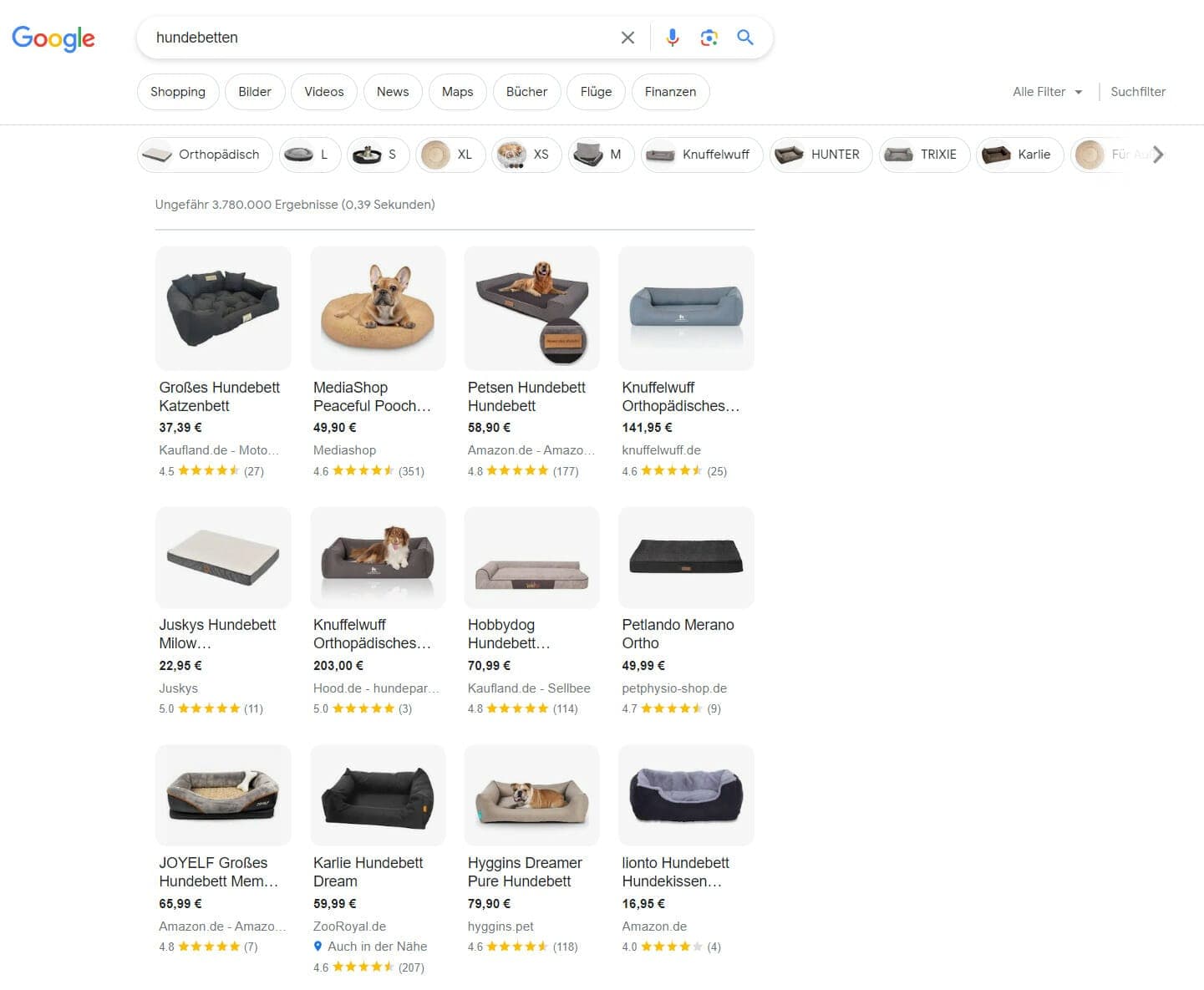 Mögliches neues SERP Layout am Beispiel Hundebetten